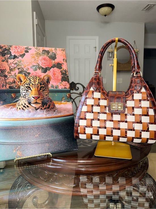 Brahmin Handbags - Brahmin Brown and Cream Woven Satchel with crossbody strap